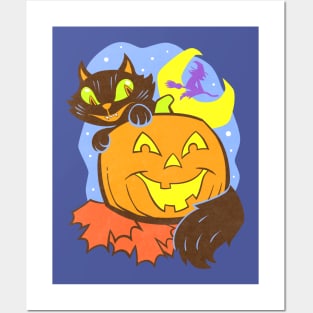 Halloween cat and pumpkin Posters and Art